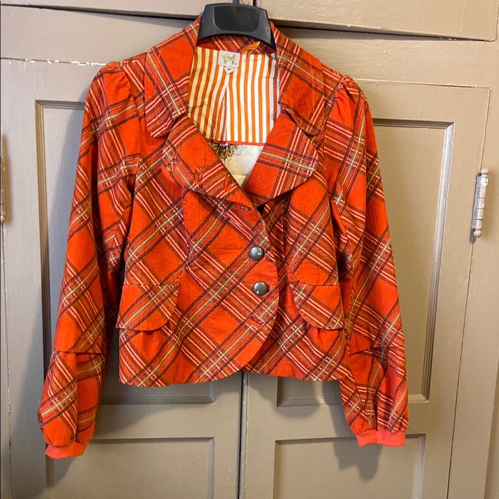 Anthropologie Red-Orange Plaid Blazer with Wide Lapel